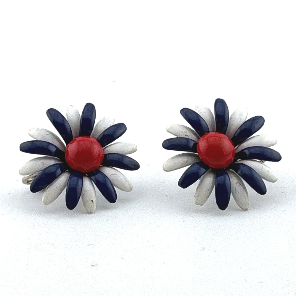 Vintage Red White Blue Enamel Daisy Flower Clip On Earrings Retro 60s Mod Style